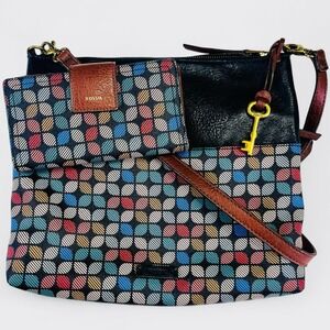 Fossil Fiona Crossbody‎ Bag Black Multicolor Shoulder Bag Logan Wallet Set